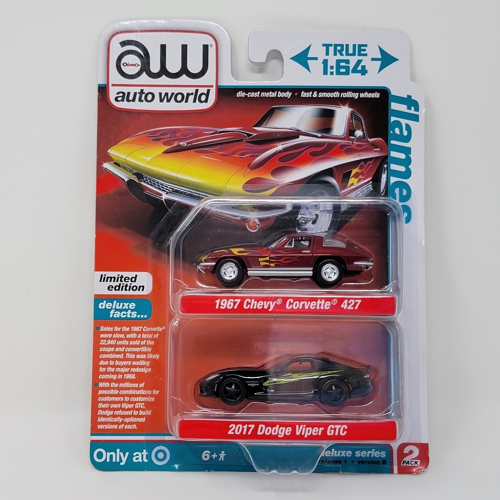New! Auto World Flames Cars 1967 Chevy Corvette 427 & 2017 Dodge Viper GTC 1/64